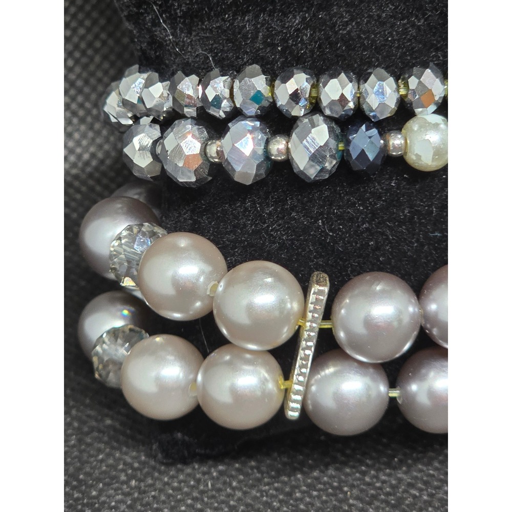 Vintage Estate Faux Pearl Crystal Multi Strand Beaded Bracelet Silver Tone Grey‎